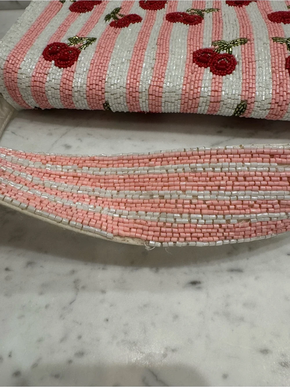 🍒Handcrafted in India Viral Beaded Cherry Shoulder Bag Cherries Pink Striped - Picture 8 of 13